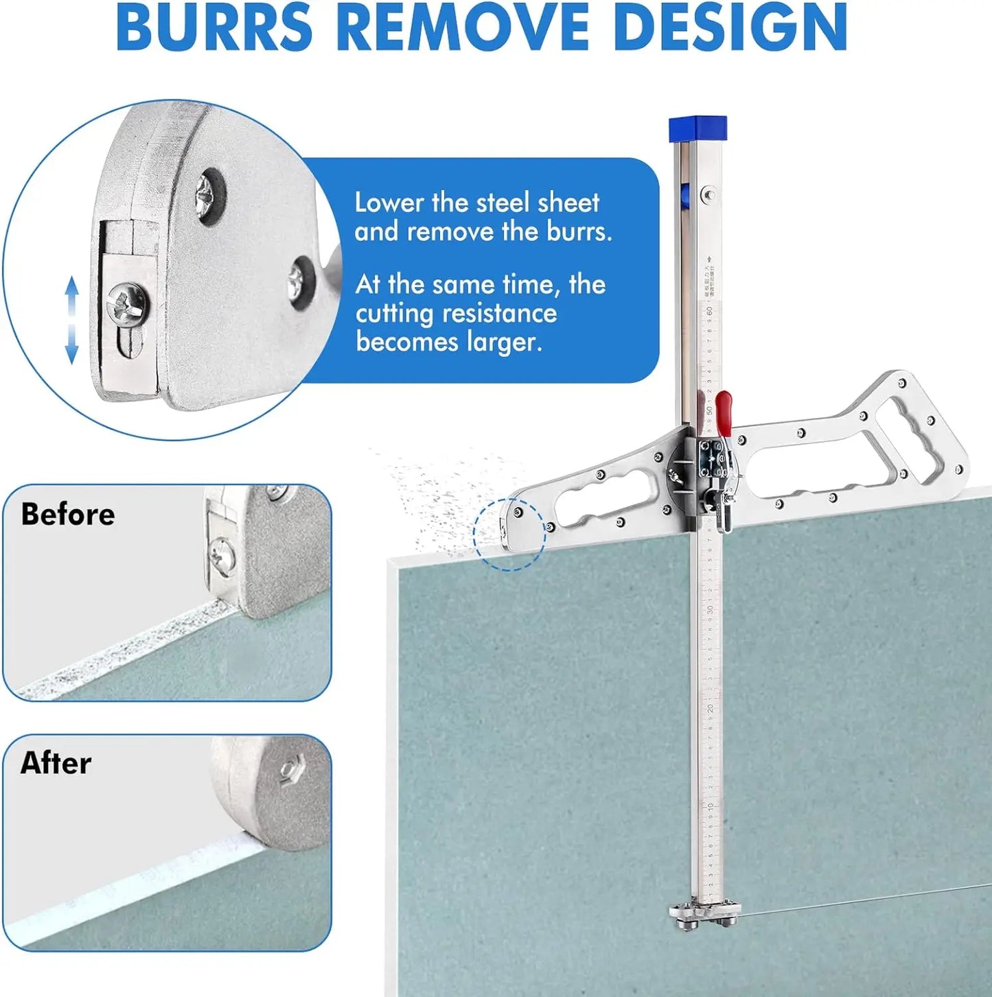 12 rounds, one-side one-button pressing positioning, aluminum alloy handle, cutting, 9~11mm thick gypsum board, front end embedded scraper blade